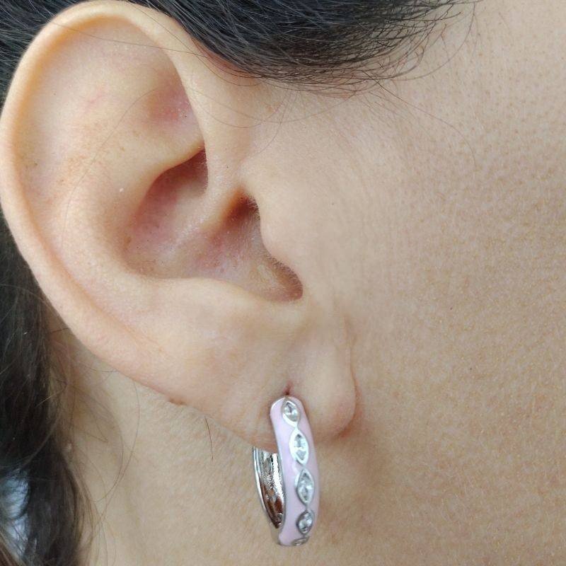 Argola Esmaltada Rosa Com Gotinhas em Zircônia Folheada A Ródio