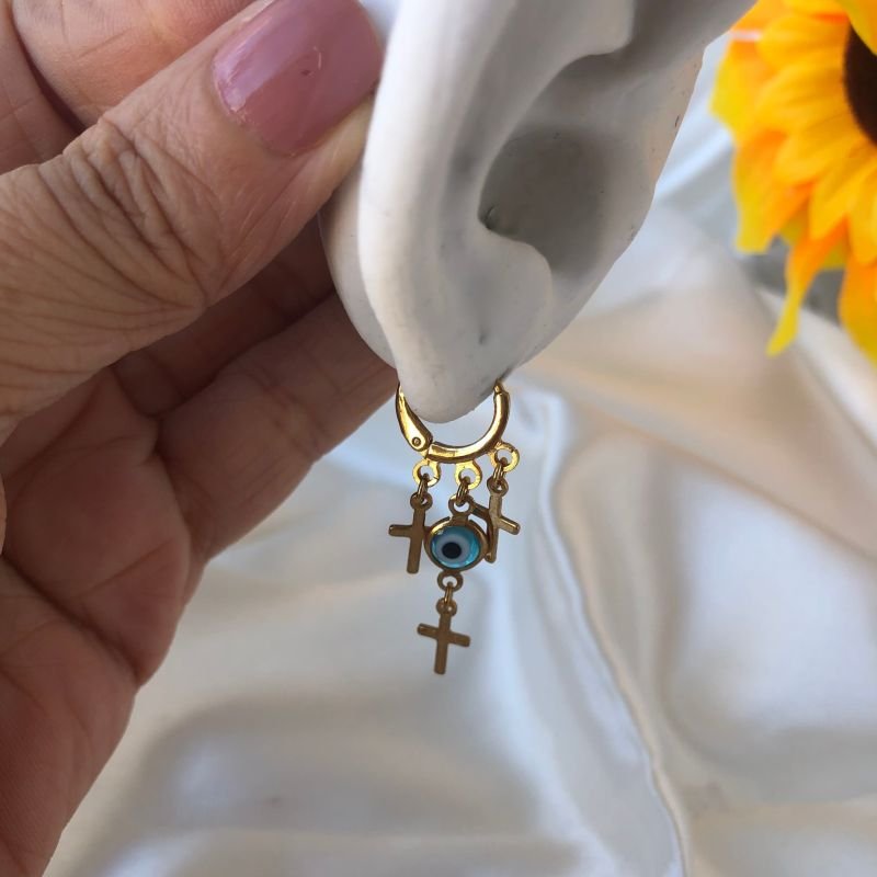 Argolinha Olho Grego com Cruz Banhado a Ouro 18k