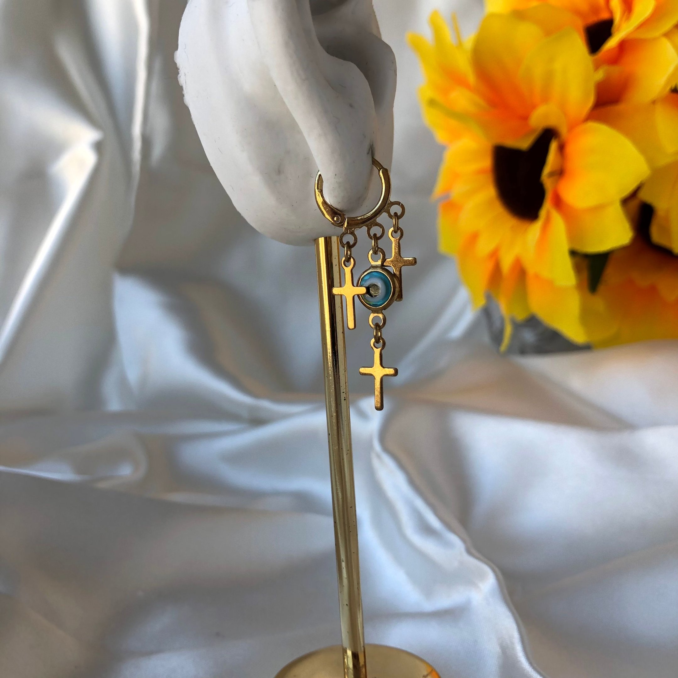 Argolinha Olho Grego com Cruz Banhado a Ouro 18k