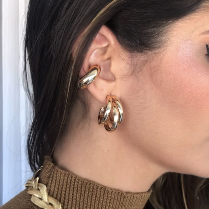 Brinco Argola 3 Aros e Piercing Prateado