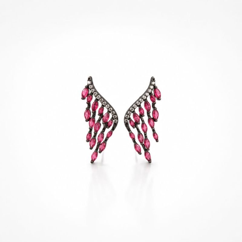 Brinco Earcuff Asa Gotinhas Rosa com zirconias Banhado a Ródio Negro