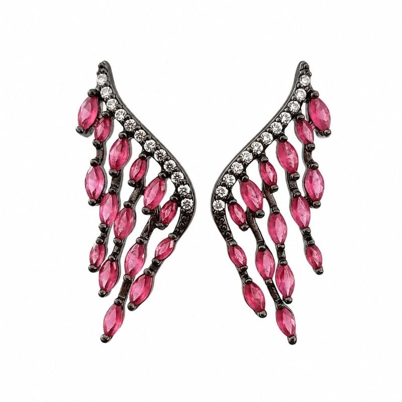 Brinco Earcuff Asa Gotinhas Rosa com zirconias Banhado a Ródio Negro