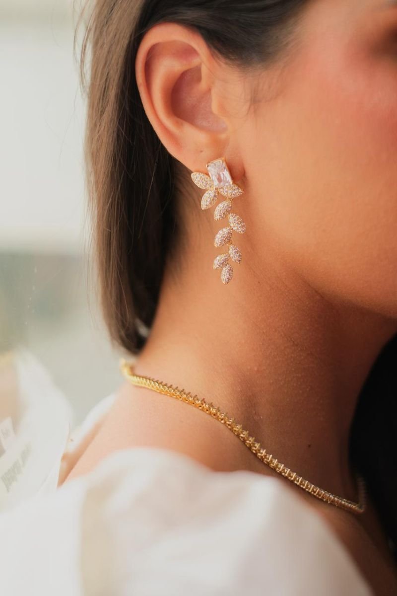 Brinco Cristal Folhas Dourado