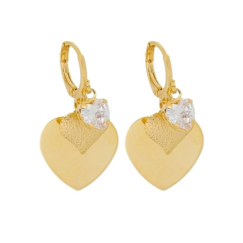 Brinco de argolinha com corações e ponto de luz cristal