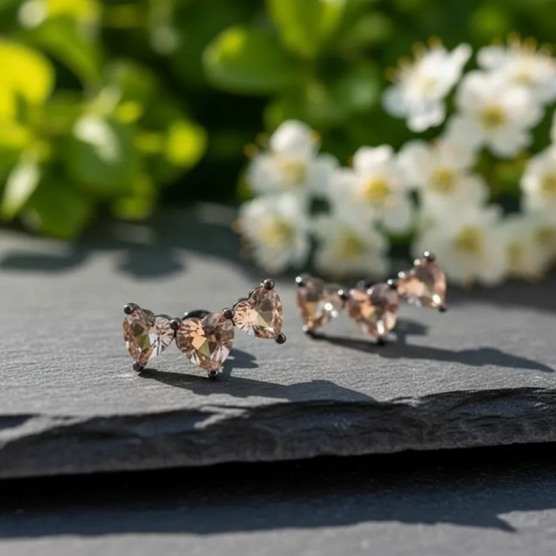 Brinco ear cuff 3 corações de pedras Fumê