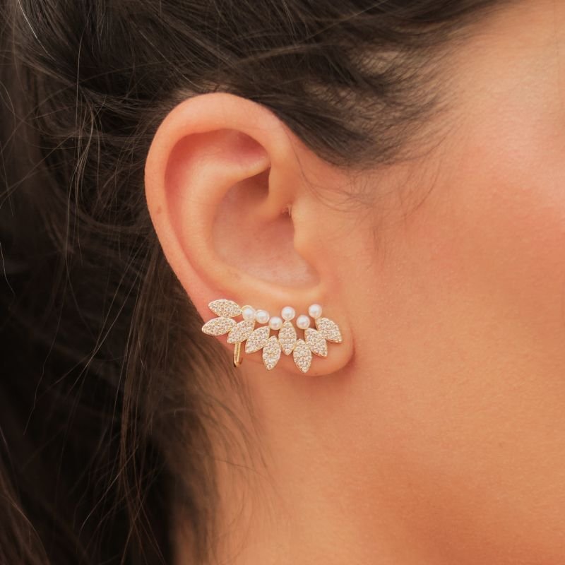 Brinco earcuff Folhas com Pérola Prateado