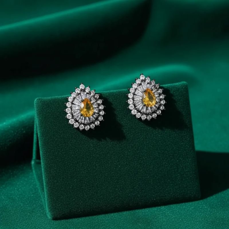 Brinco Gota Cravejada Zircônia Pedra Topazio Amarelo