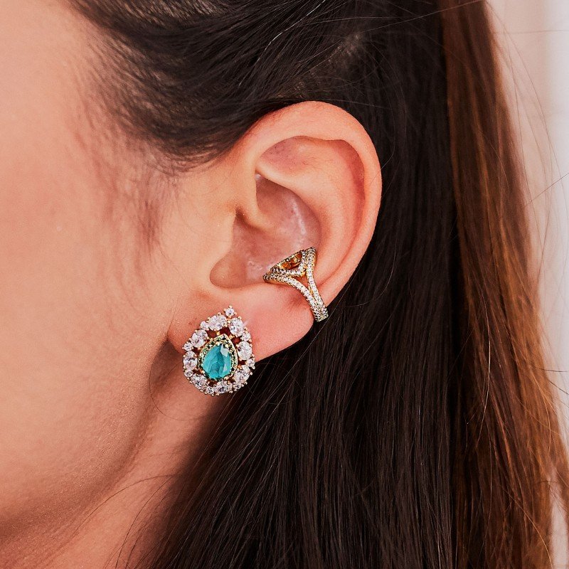 Brinco Luxo Gota Pedra Tiffany Folheado Ouro 18 K