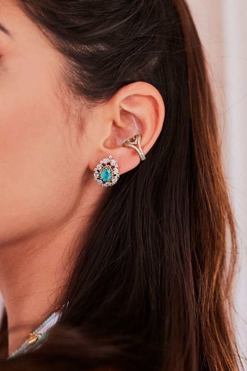 Brinco Luxo Gota Pedra Tiffany Folheado Ouro 18 K