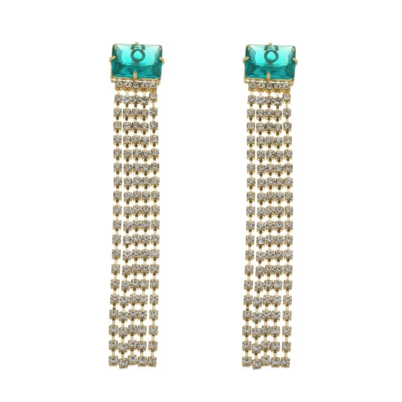 Brinco Pedra Verde Com Franja Strass