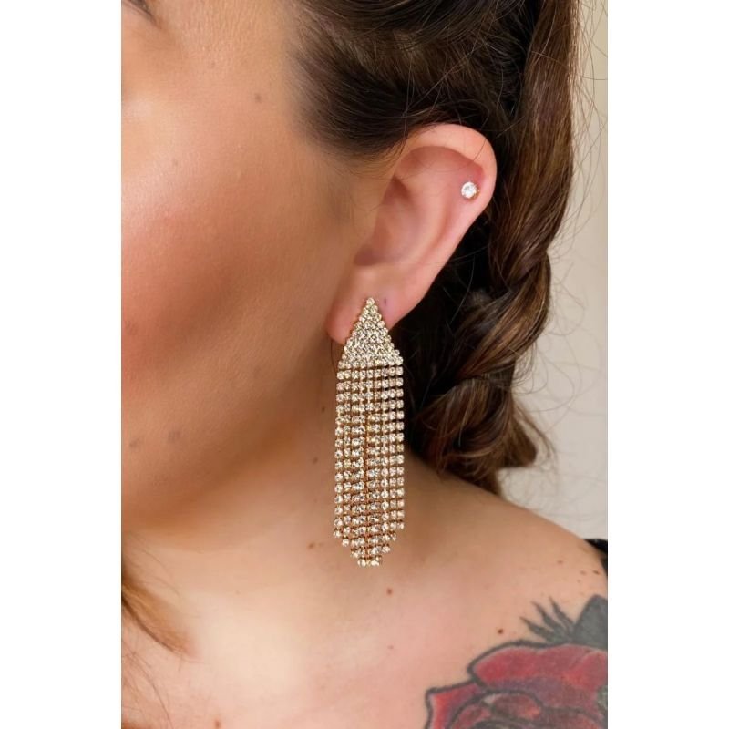 Brinco Piramide Com Franja Strass Dourado