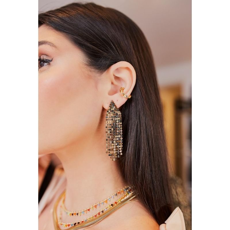 Brinco Piramide Com Franja Strass Tons Ambar Dourado