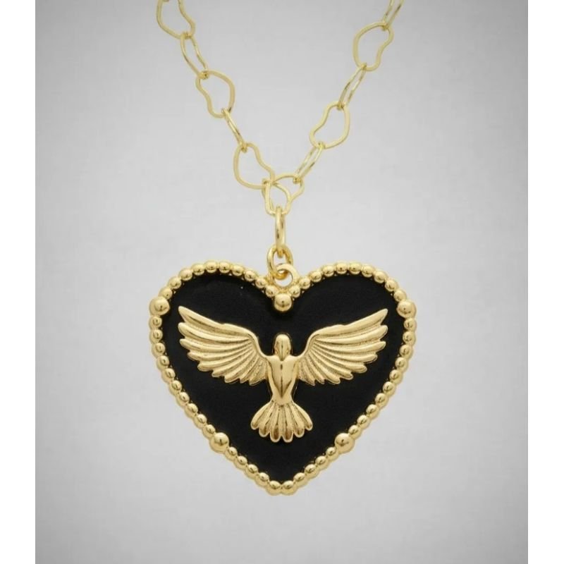 Colar Coração Divino Espírito Santo Preto Folheado A Ouro