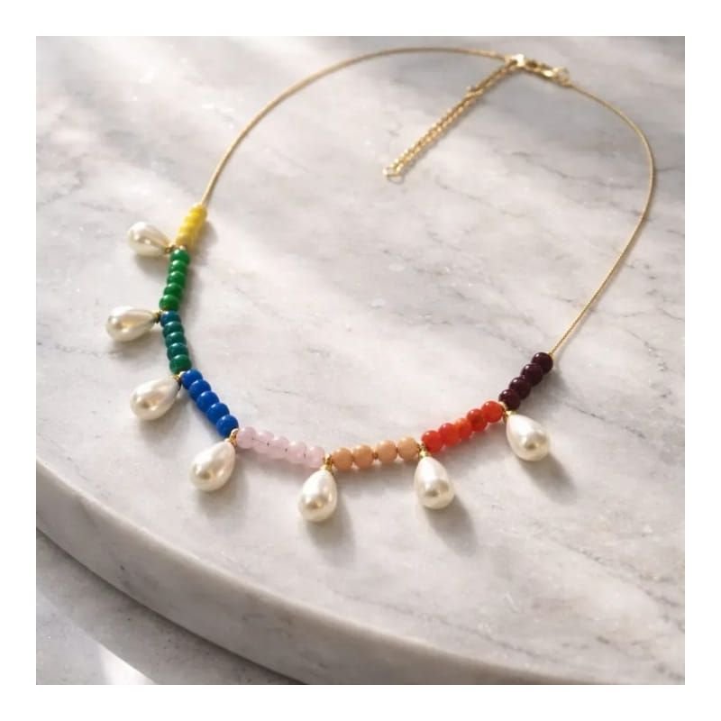 Colar Cristais Color Com Pérolas Em Gota Folheado A Ouro