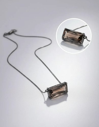 Colar Cristal Retangular Quartzo Fumê Ródio Negro