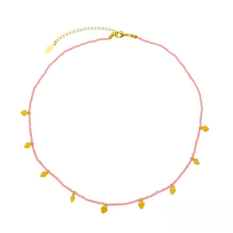 Colar de Cristal Espinelio Mini Corações Cor Rosa