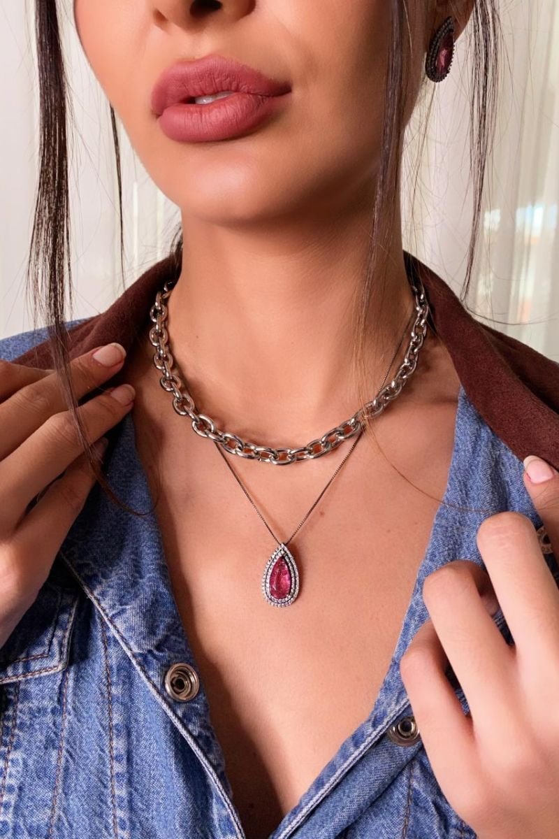 Colar e Brinco Gota Pink Fusion com Zircônia Banhado Ródio Negro