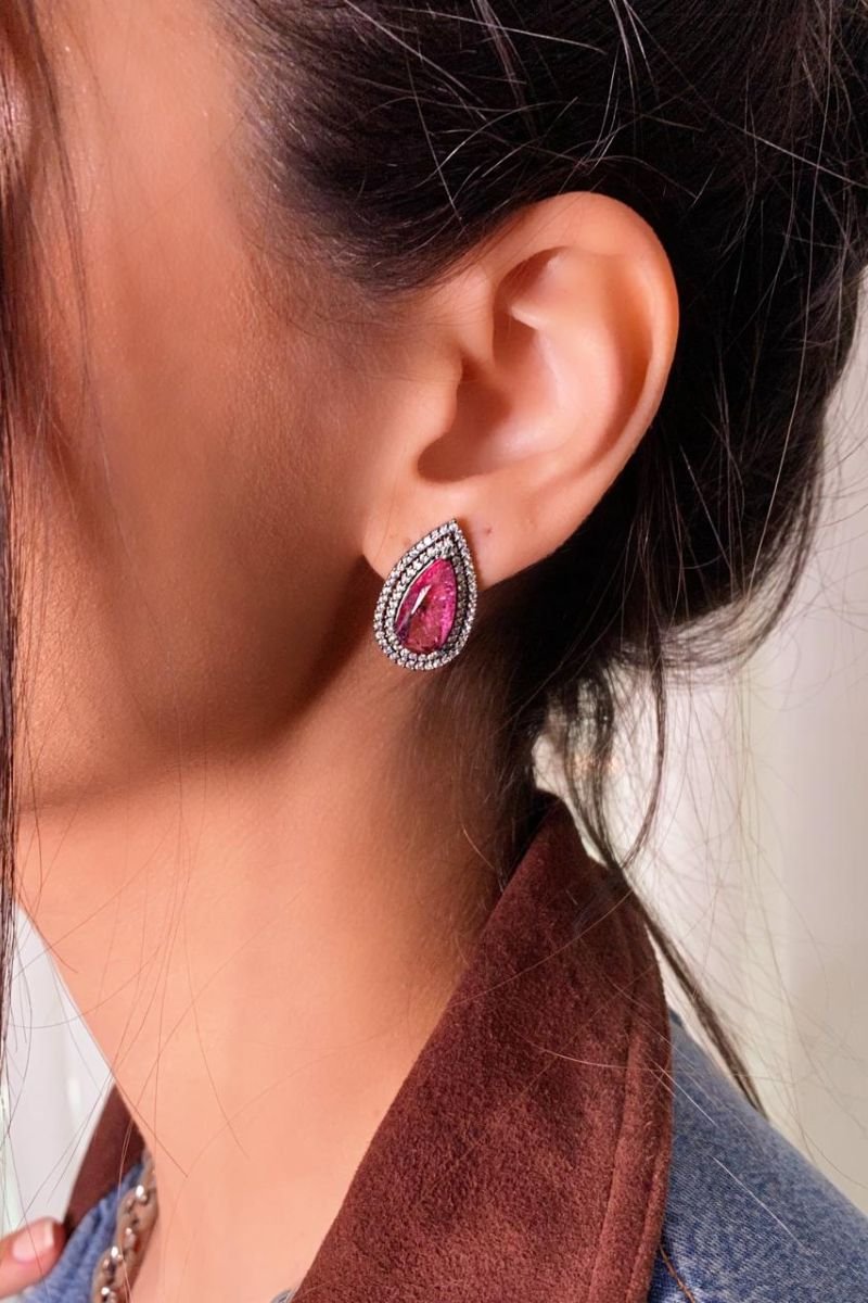 Colar e Brinco Gota Pink Fusion com Zircônia Banhado Ródio Negro