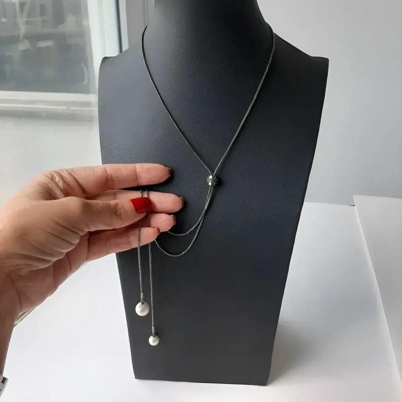 Colar Longo Pendulo Perola Rodio Negro