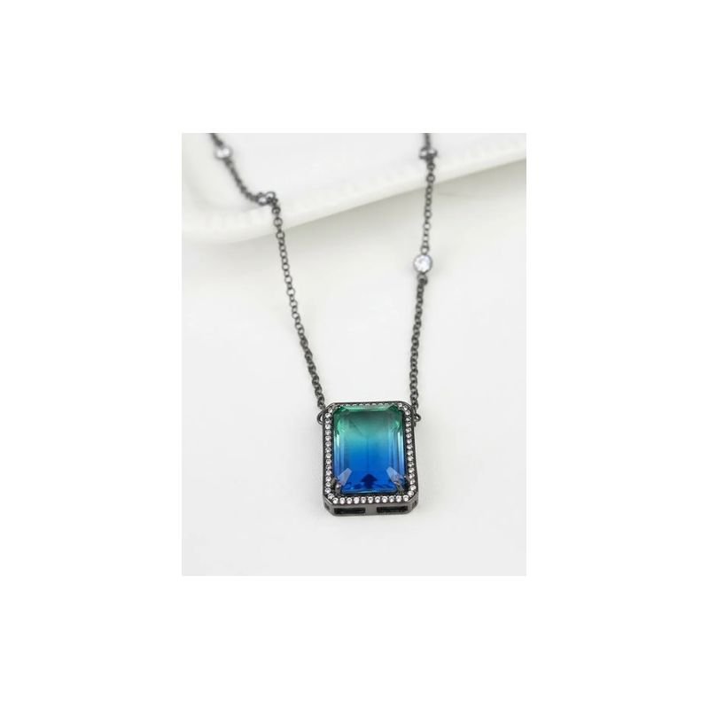 Colar Longo Rodio Negro Pedra Biocolor Azul