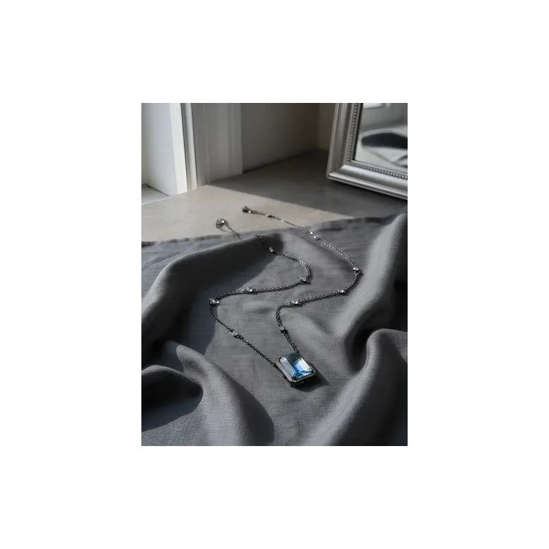 Colar Longo Rodio Negro Pedra Biocolor Azul