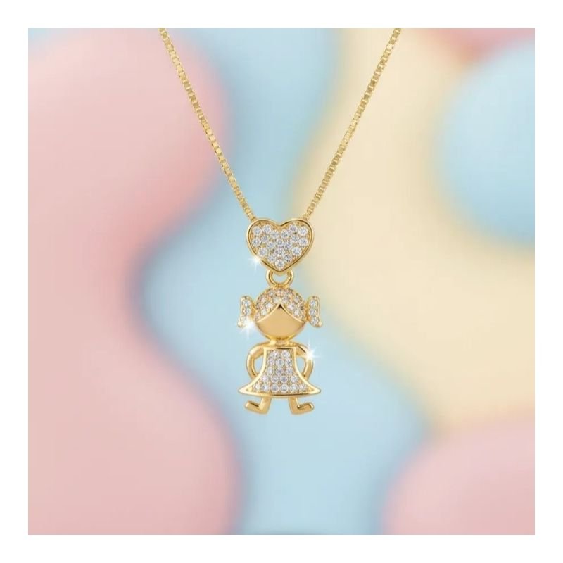 Colar Menina Com Coração Cravejado Folheado A Ouro 18k