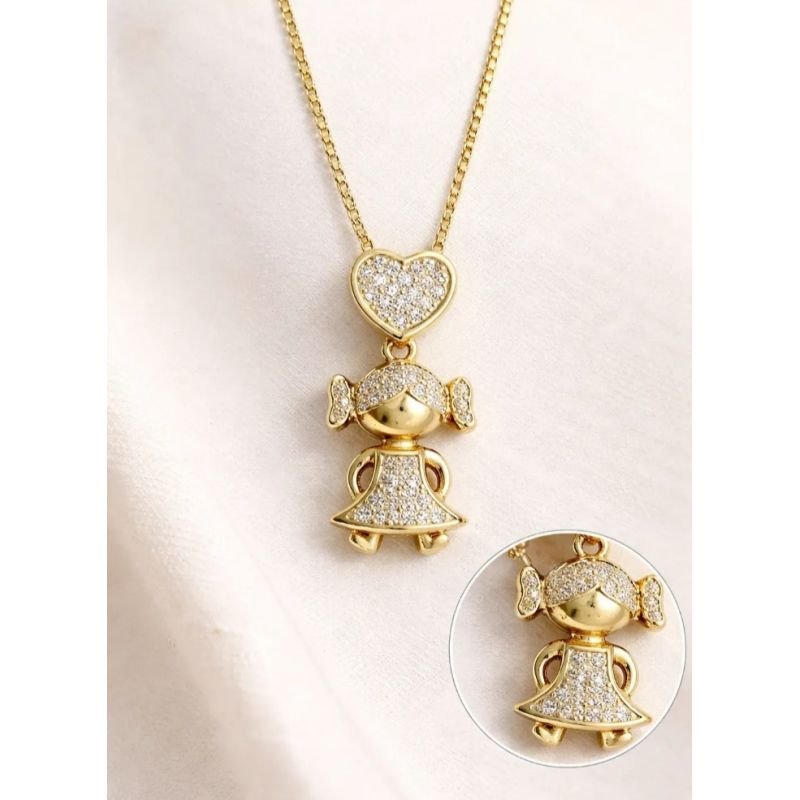 Colar Menina Com Coração Cravejado Folheado A Ouro 18k