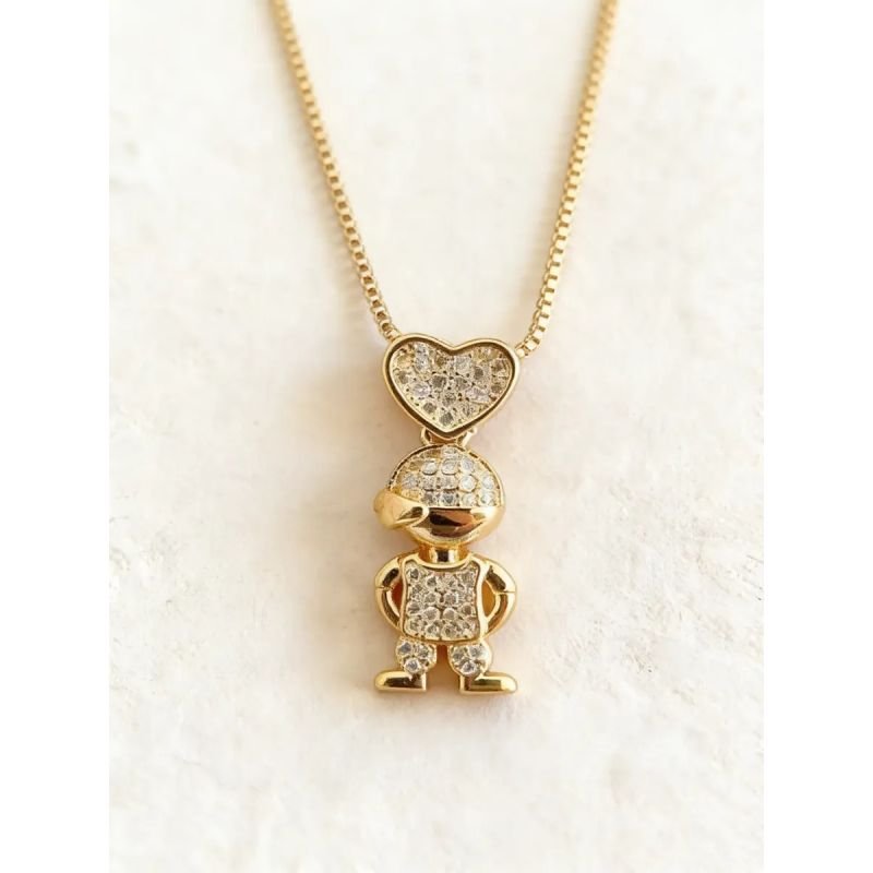 Colar Menino Com Coração Cravejado Folheado Ouro 18k