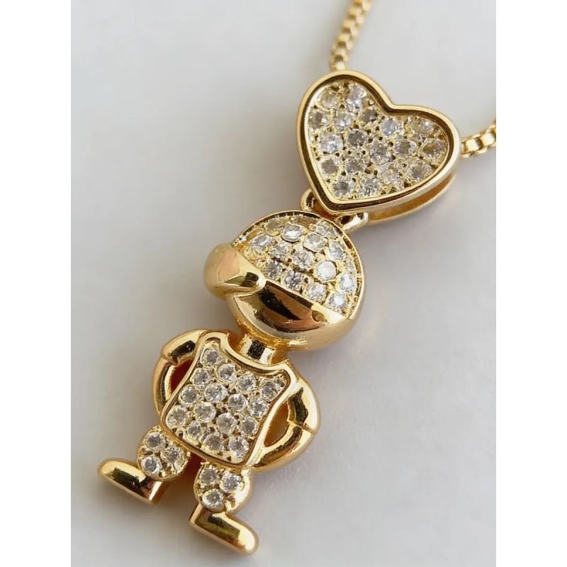 Colar Menino Com Coração Cravejado Folheado Ouro 18k