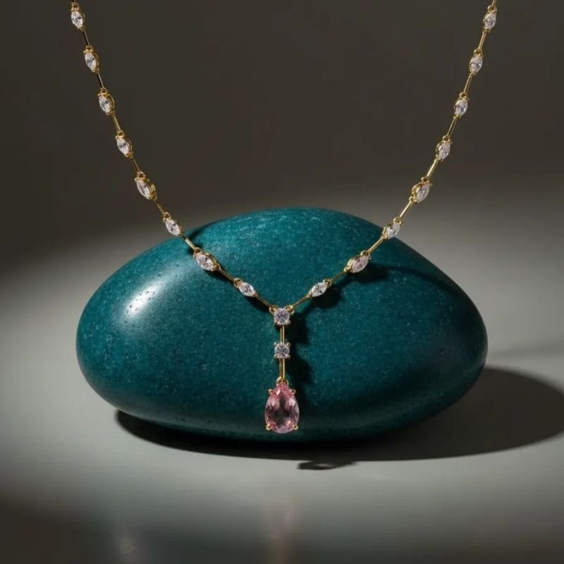 Colar Navetes Com Gota Rosa