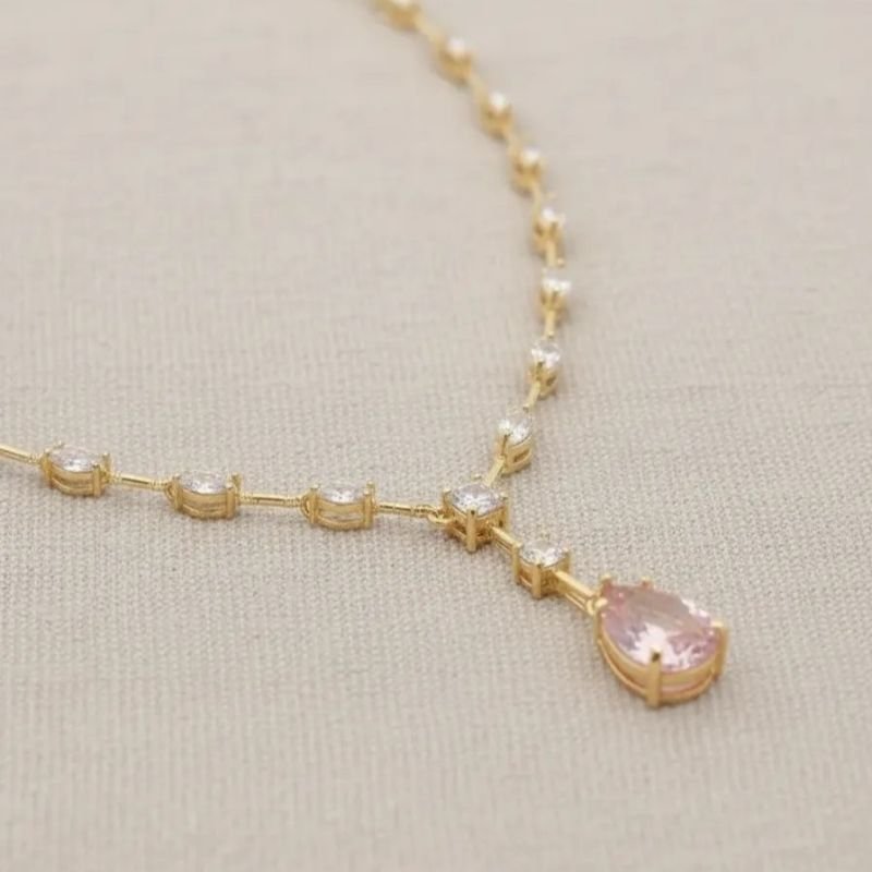 Colar Navetes Com Gota Rosa