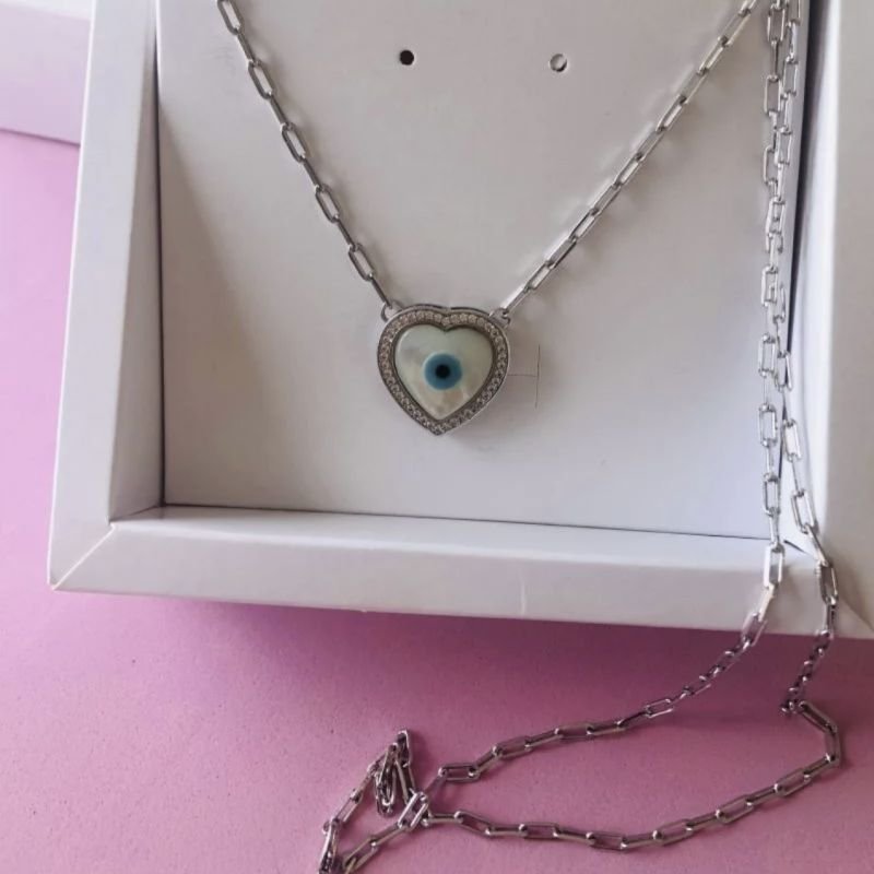 Colar Olho Grego Coração Com Corrente Cartier Folheado A Ródio