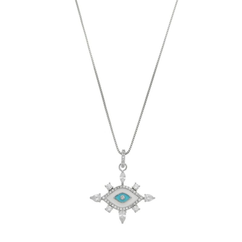 Colar olho Grego Resina 8 Navetes Folheado Em Ródio Branco