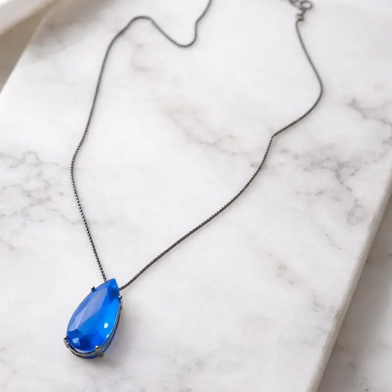 Colar Rodio Negro Com Pedra Azul