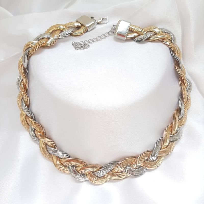Colar Trança 2 banhos Prateado e Dourado
