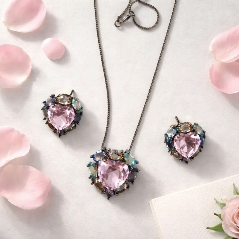 Conjunto Colar e Brinco Coração Rosa Ródio Negro