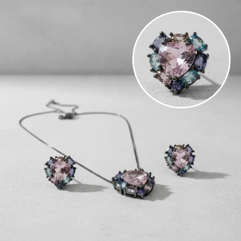 Conjunto Colar e Brinco Coração Rosa Ródio Negro