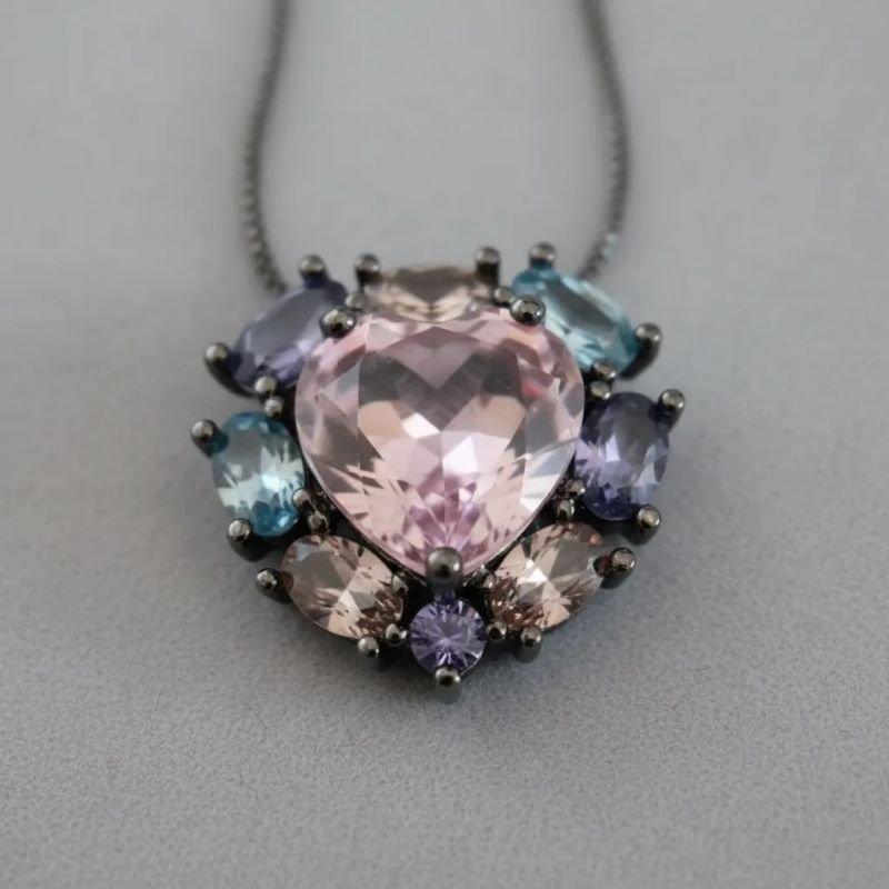Conjunto Colar e Brinco Coração Rosa Ródio Negro