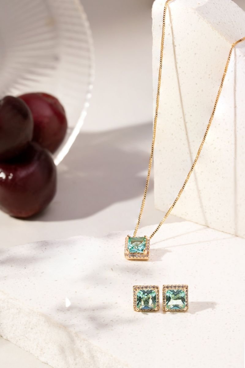 Conjunto Colar e Brinco Cristal Turmalina Paraiba