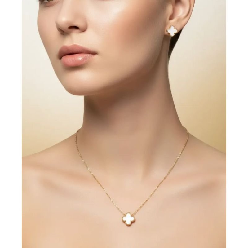 Conjunto Colar e Brinco Trevo Branco Dourado Aço