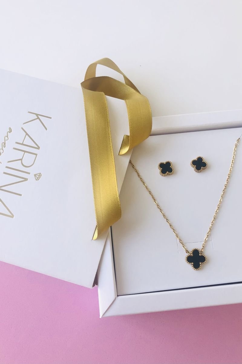 Conjunto Colar e Brinco Trevo Preta Dourado Aço