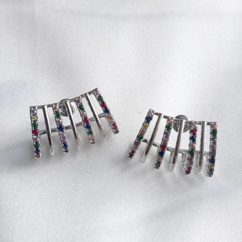 Brinco Curvados 7 aros com Zirconia Colorida Prateado