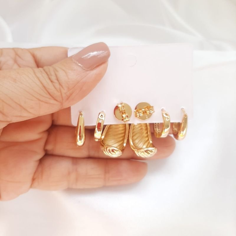 Kit Trio de brinco Gota riscada e argolinhas Dourado