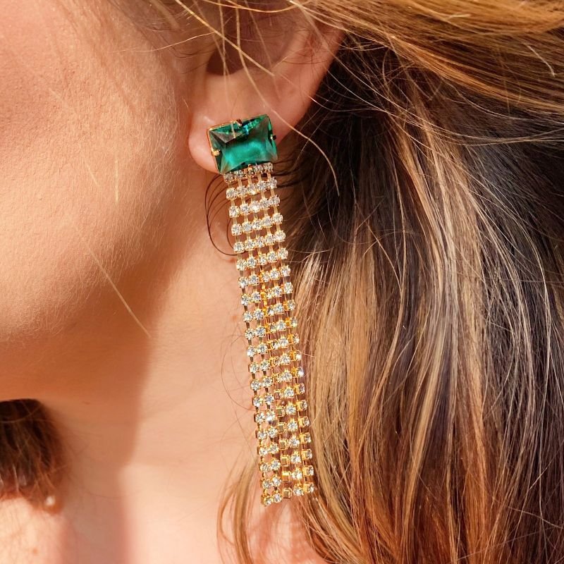 Brinco Pedra Verde Com Franja Strass