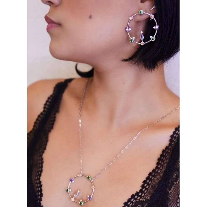 Conjunto Colar com Brinco Circulo de Pedras Semijoia Dourado