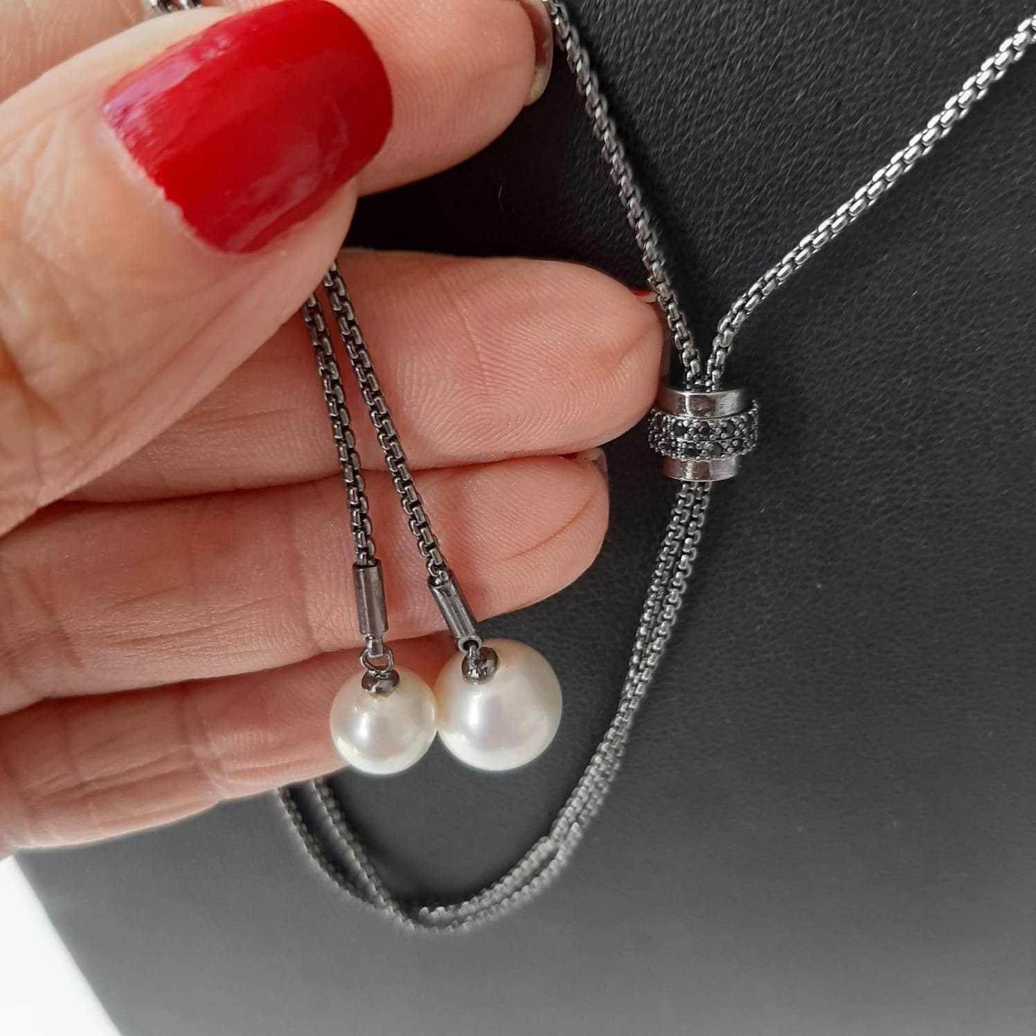 Colar Longo Pendulo Perola Rodio Negro